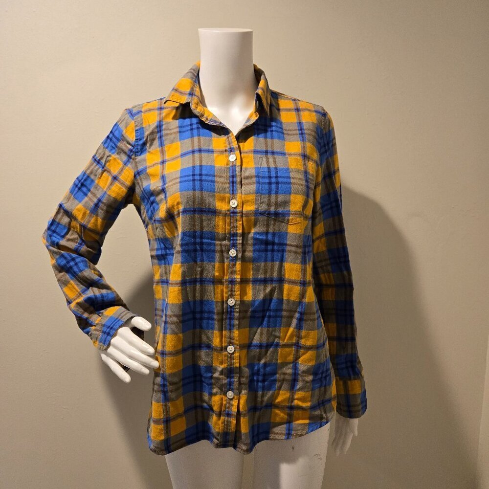 J Crew Flannel Button Up Shirt Boy Fit Ochre Blue Plaid XS